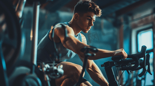 动感摄影照片_男性在健身房骑动感单车运动健身