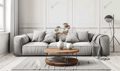 现代室内客厅与灰色沙发木制茶几