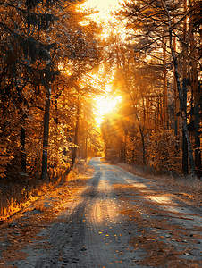 秋天风景天空摄影照片_秋天日落时美丽的树林与公路美景