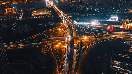 震撼夜晚航拍杭州中兴立交城市车流交通道路夜景