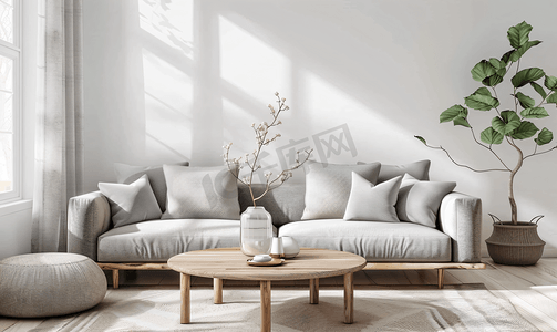 现代室内客厅与灰色沙发木制茶几