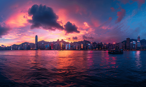 香港维多利亚港日落全景