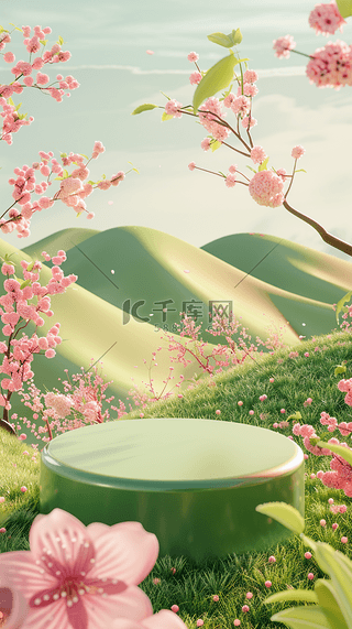 春天3D樱花花枝促销户外电商展台背景图