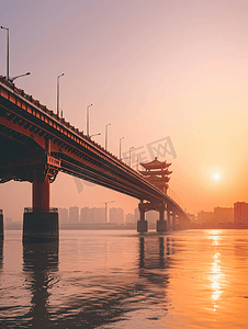 武汉城市风光日落时分的长江大桥黄鹤楼
