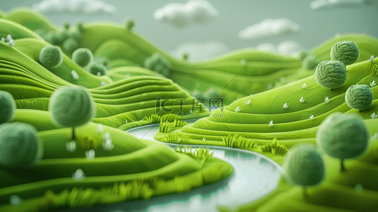 卡通背景图片_3D渲染春天绿色梯田茶园风景场景设计图