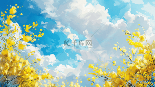 春天的景色手绘背景图片_春天手绘蓝天白云树枝花草的背景1
