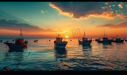 唯美夕阳下的大海和归航的渔船
