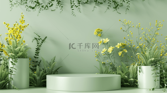 花枝花朵背景图片_绿色春天3D花枝促销电商展台背景图