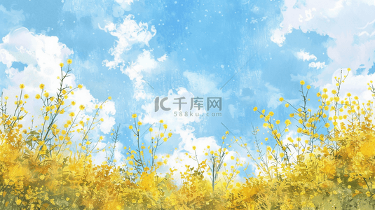 春天手绘蓝天白云树枝花草的背景19