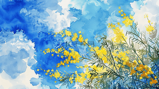 春天手绘蓝天白云树枝花草的背景7