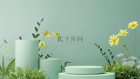 油菜花背景图片_绿色春天3D花枝促销电商展台设计