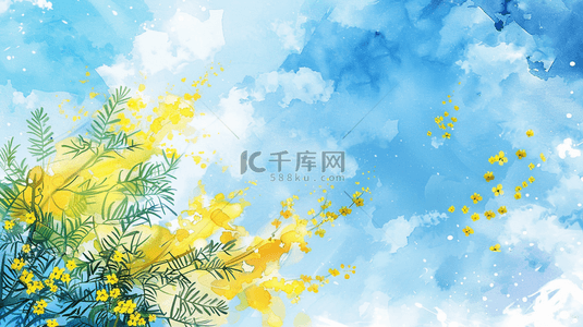 春天手绘蓝天白云树枝花草的背景15