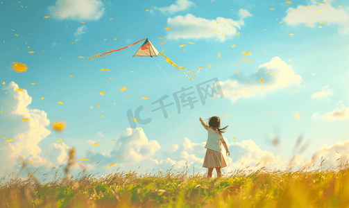 风筝摄影照片_小女孩草坪上放风筝