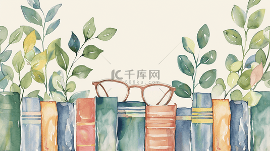 水彩风清新世界读书日书籍和花草边框设计图