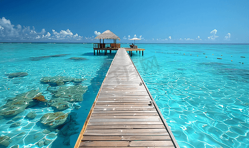 蓝色水摄影照片_蓝色水屋纯净马尔代夫