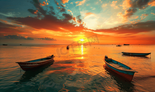 橙色创意背景摄影照片_夕阳下的渔船