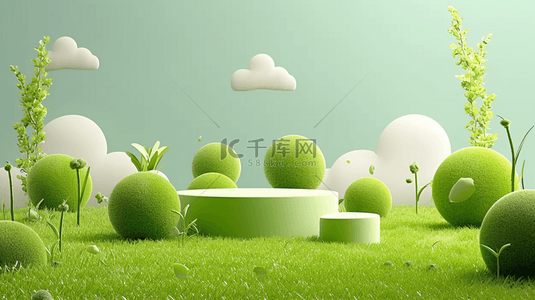 绿色环境图背景图片_可爱风春季3D绿色电商展台场景背景图