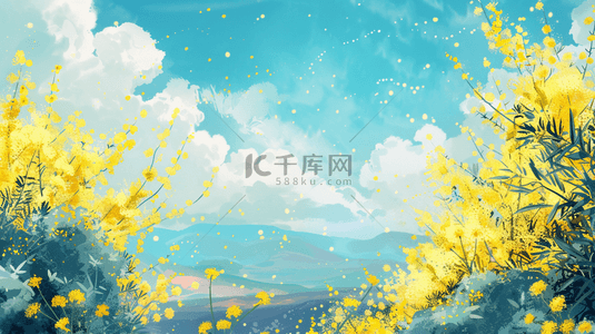 春天手绘蓝天白云树枝花草的背景14