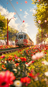 春日火车背景图片_春日出游开往春天的列车背景