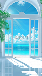 蓝色大海风景3D拱窗大窗展台背景素材
