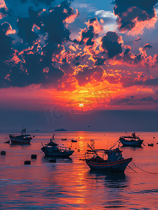 唯美生活摄影照片_唯美夕阳下的大海和归航的渔船