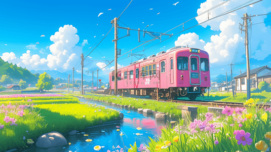 春背景图片_春日出游花田里的粉色列车素材
