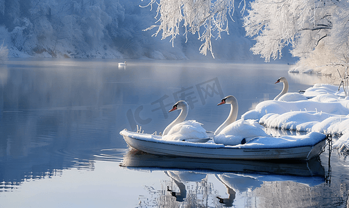 黑天鹅与灰犀牛摄影照片_冬天大雪雾凇下的小船天鹅