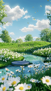 河水草地背景图片_清新春天户外水面上的3D展台场景背景图