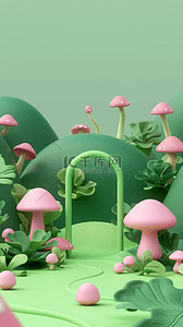 母婴背景图片_春天3D可爱卡通蘑菇母婴电商展台设计