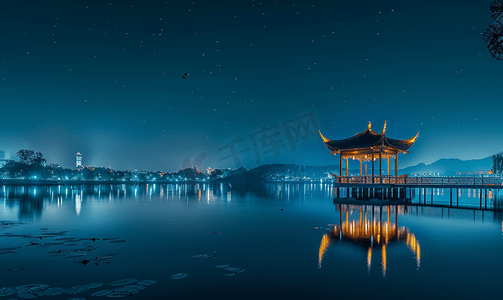 夜景背景摄影照片_西湖夜景全景