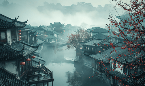 中国风山水摄影照片_充满中国风的江南水乡雾气景色