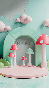 春天3D可爱卡通蘑菇母婴电商展台背景图