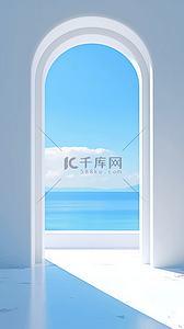 蓝色大海风景3D拱窗大窗展台背景素材