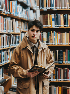 书翻开摄影照片_站在图书馆书架旁看书的帅气男同学