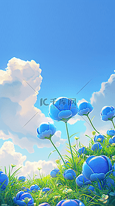 草地设计背景图片_春天可爱风3D蓝色质感花朵设计