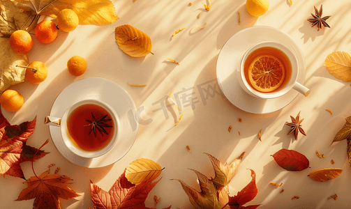 秋天茶饮品暖色系