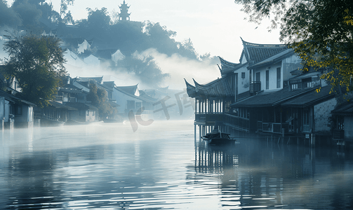 朦胧自然摄影照片_充满中国风的江南水乡雾气景色