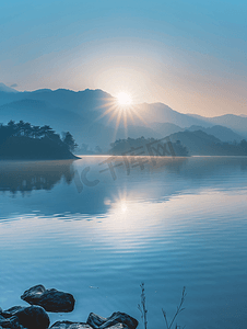 水墨印章摄影照片_千岛湖黎明风景