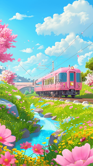 蓝天背景图片_春日出游花田里的粉色列车背景图片