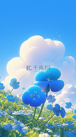 春天可爱风3D蓝色质感花朵背景图