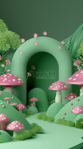 春天3D可爱卡通蘑菇母婴电商展台背景