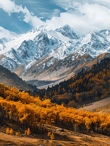 北疆秋色雪山全景