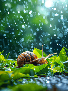 摄影照片_下雨天蜗牛雨水节气