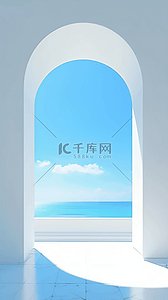 蓝色大海风景3D拱窗大窗展台设计图