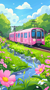春日火车背景图片_春日出游花田里的粉色列车背景图片