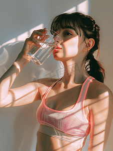 女生喝水摄影照片_年轻女性运动健身喝水