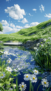 河水草地背景图片_清新春天户外水面上的3D展台场景设计