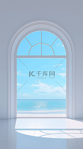 大海背景图片_蓝色大海风景3D拱窗大窗展台背景