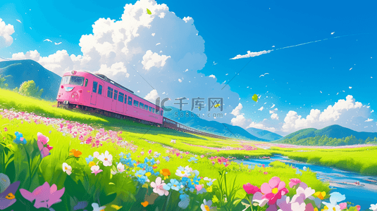 春日邀请背景图片_春日出游花田里的粉色列车背景素材