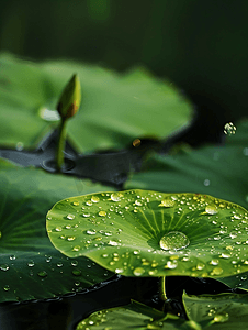 雨天杭州摄影照片_荷叶露水水珠